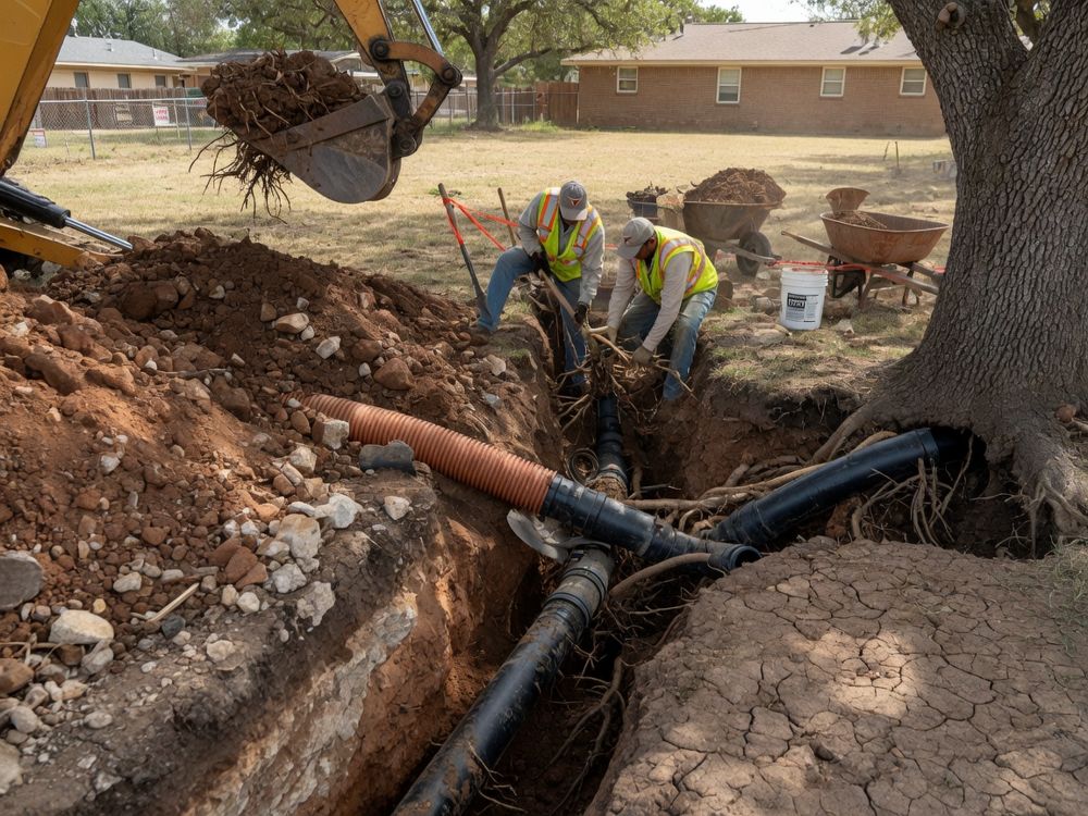 Crew exposing a buried drain line with tree roots around it