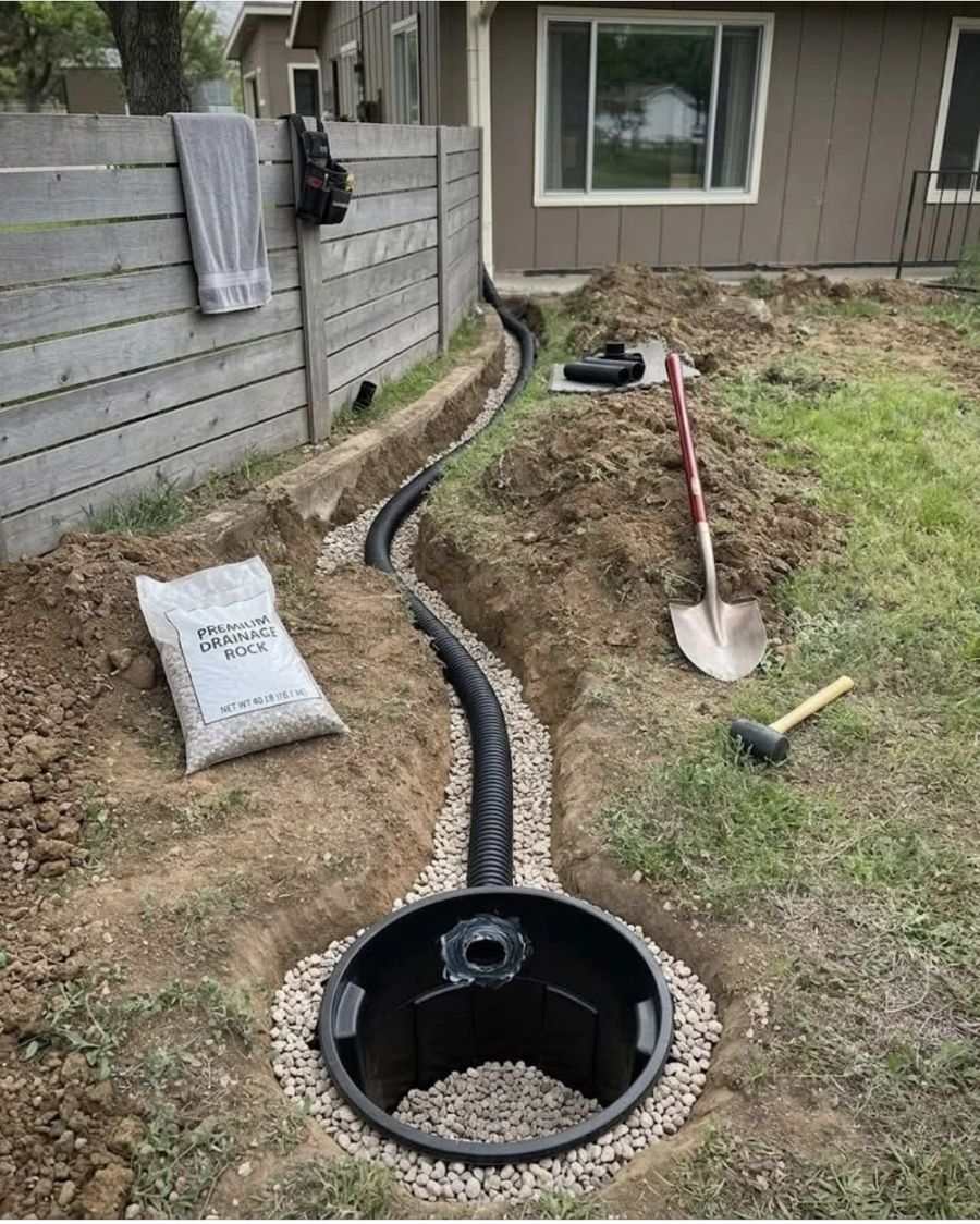 Drain line running through gravel to a catch basin