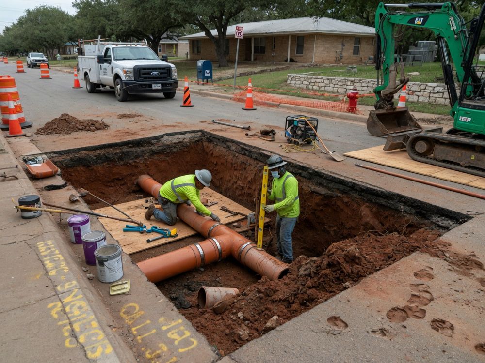Crew replacing a sewer line section in an open trench